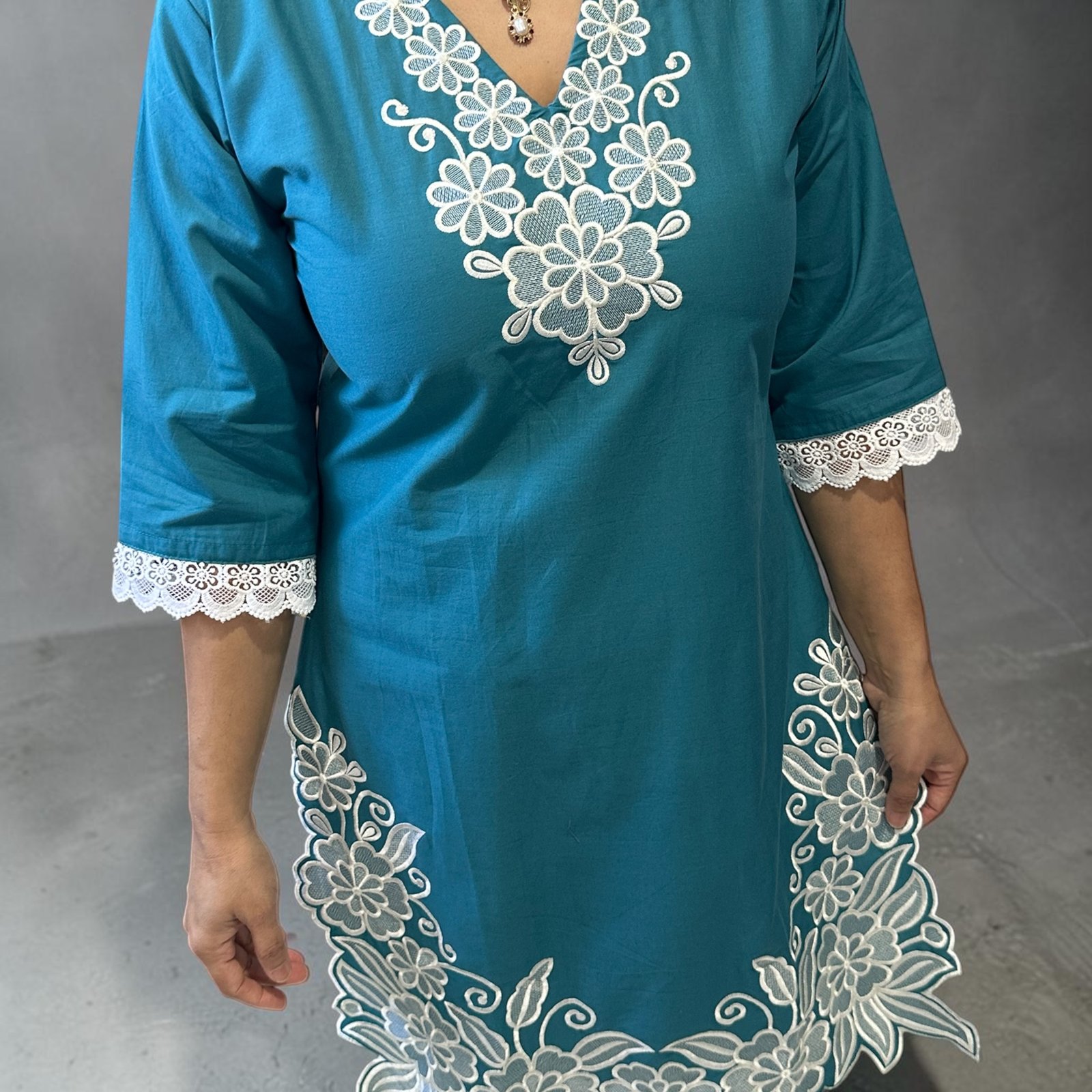 Premium Women's Teal Blue Embroidered Kurti & Palazzo - Image 4