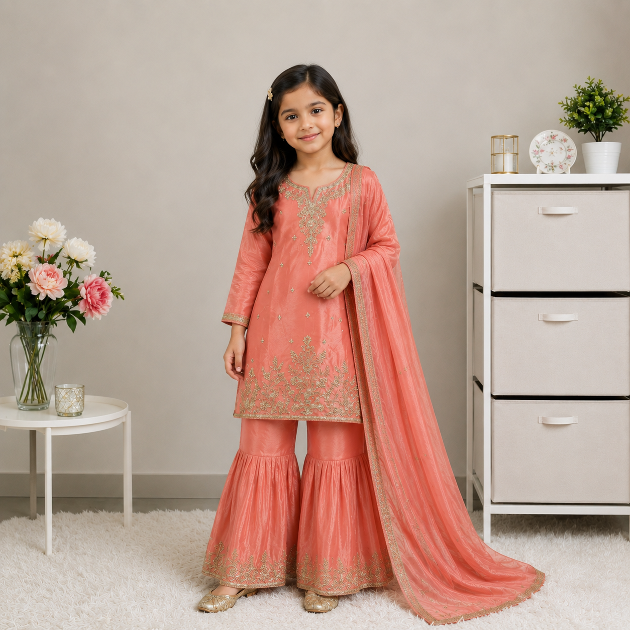 Peach Embroidered Kurti with Sharara Pants