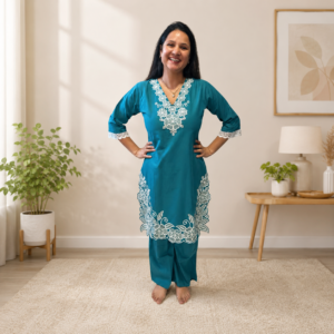 Premium Women's Teal Blue Embroidered Kurti & Palazzo