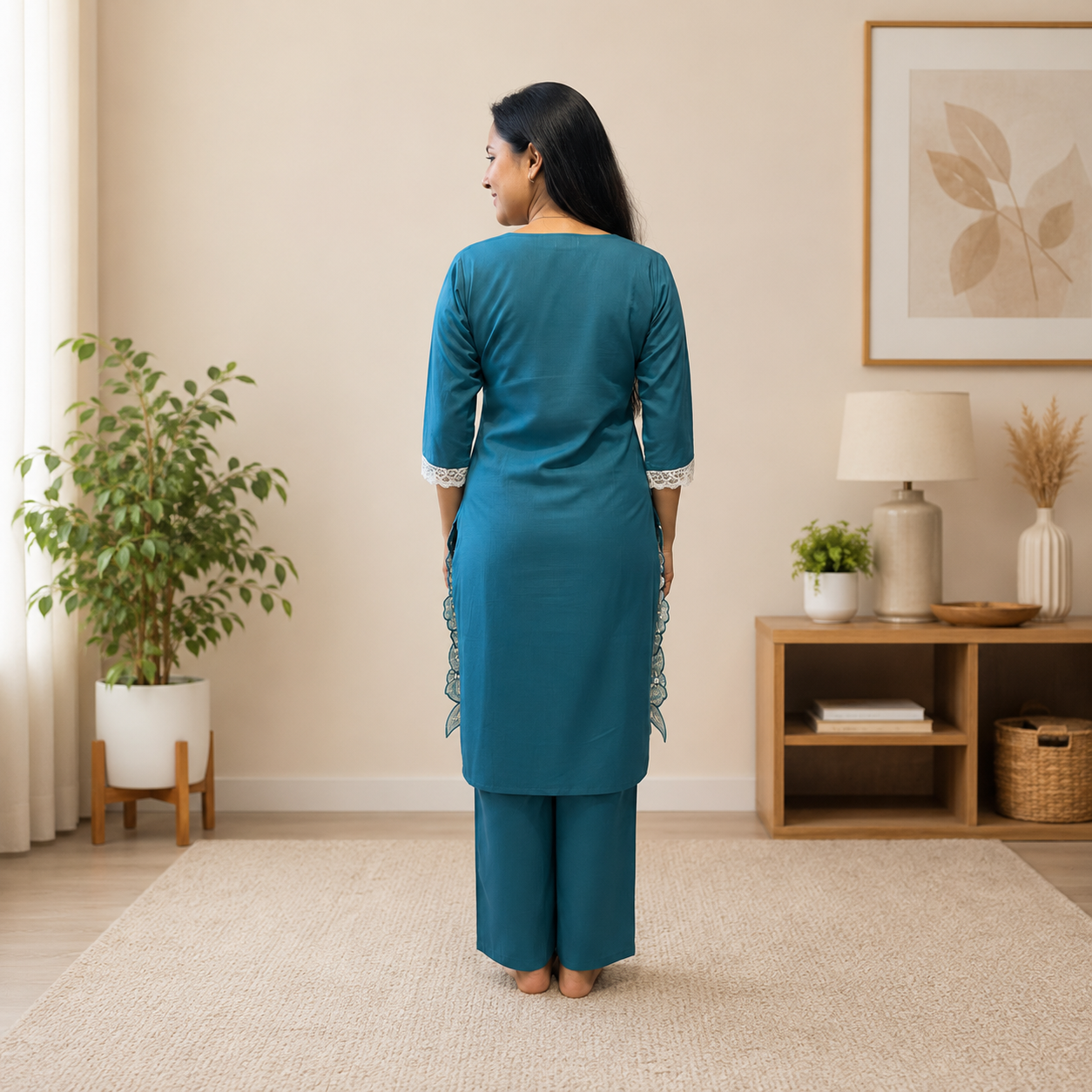 Premium Women's Teal Blue Embroidered Kurti & Palazzo - Image 2