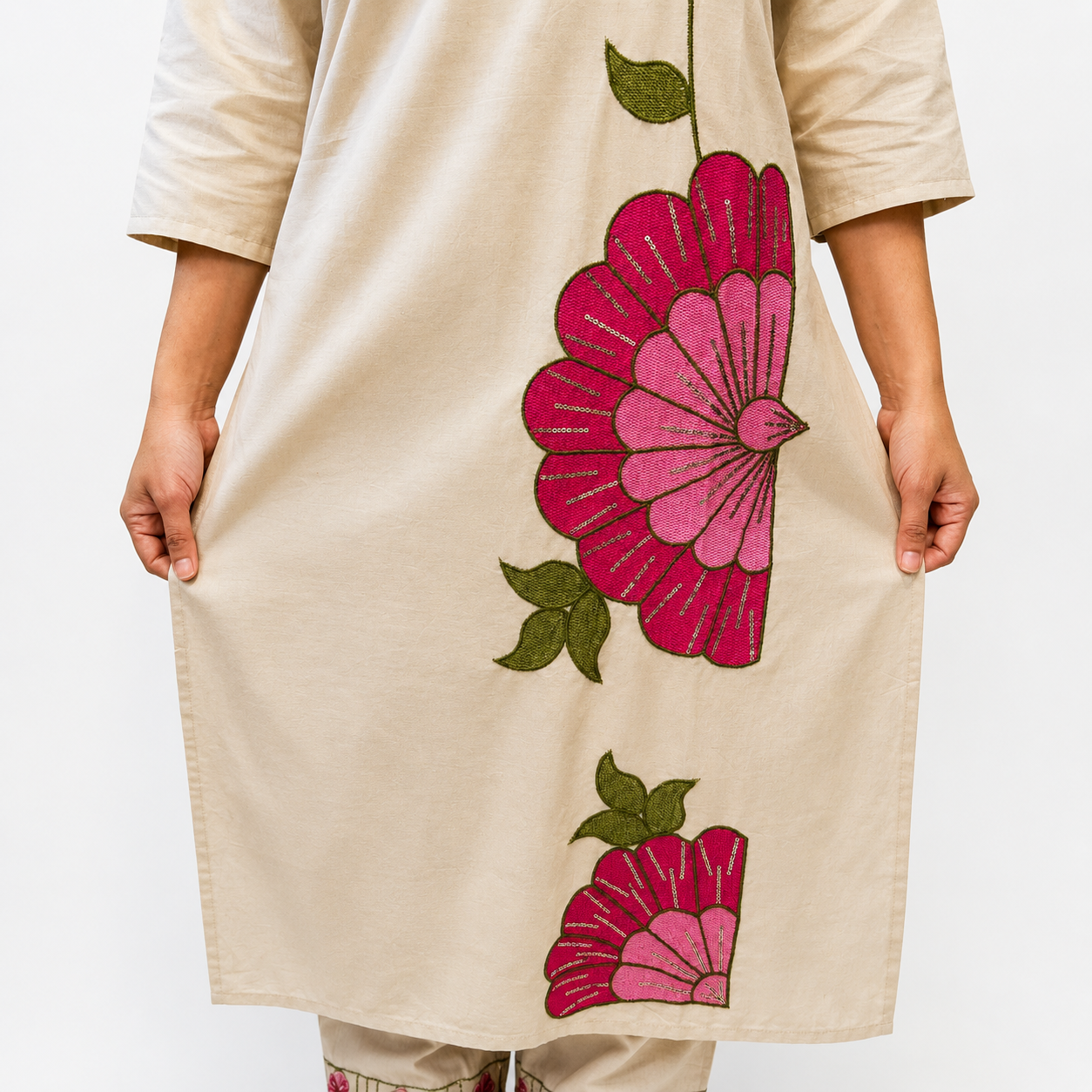 Premium Women's 3-Piece Beige Kurti Pant Dupatta - Image 2