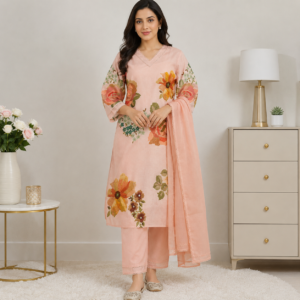 Peach Embroidered Kurti, Pant & Dupatta