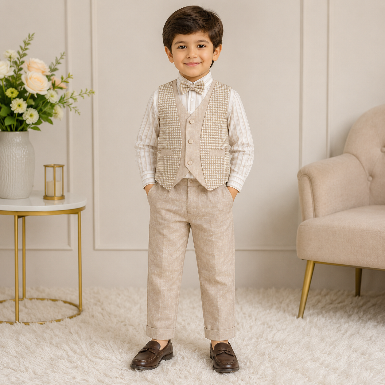 Boys Premium Beige & Grey 3-Piece Formal Vest Suit - Image 2