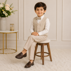 Boys Premium Beige & Grey 3-Piece Formal Vest Suit
