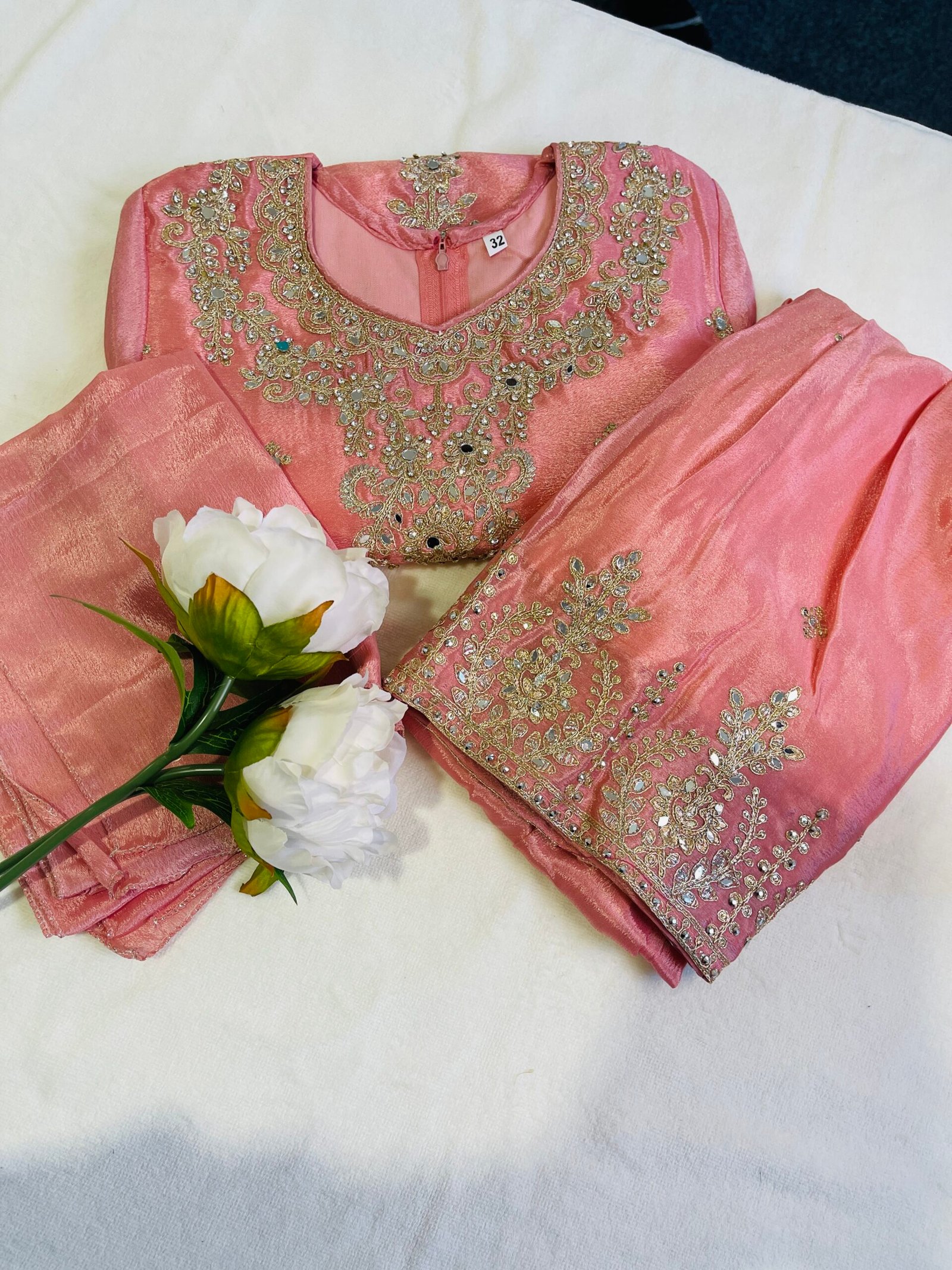 Peach Embroidered Kurti with Sharara Pants - Image 2