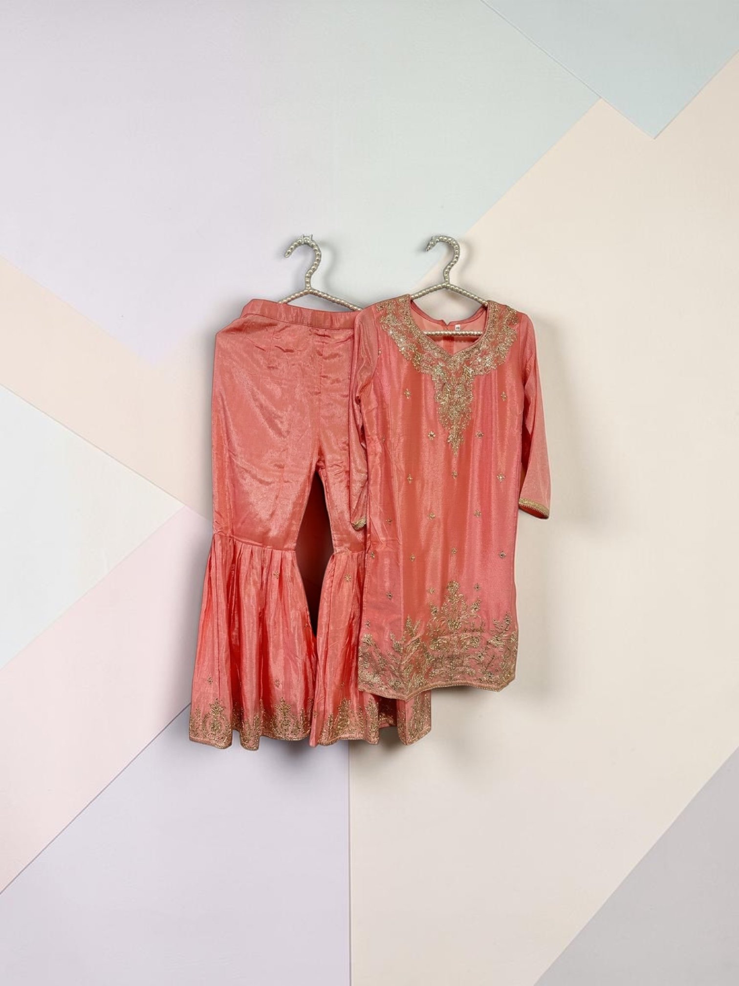 Peach Embroidered Kurti with Sharara Pants - Image 4