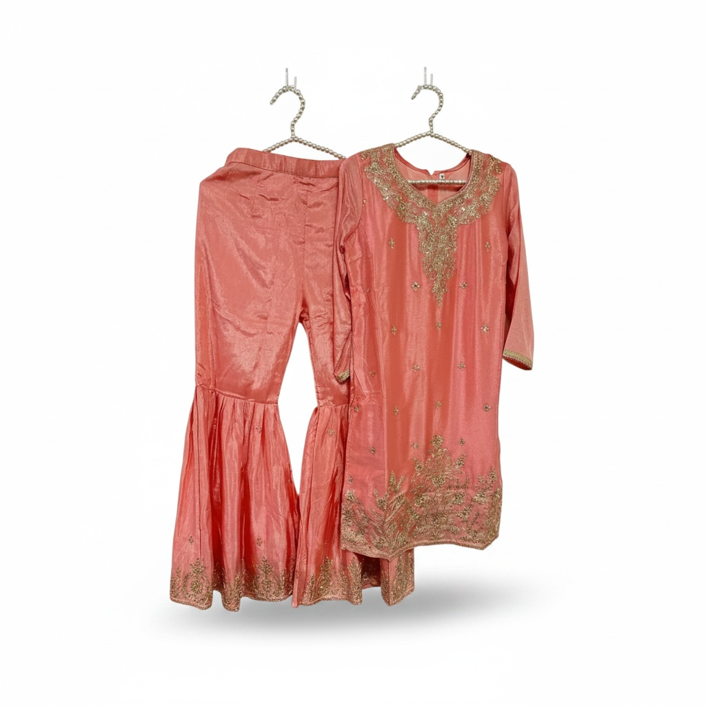 Peach Embroidered Kurti with Sharara Pants - Image 3