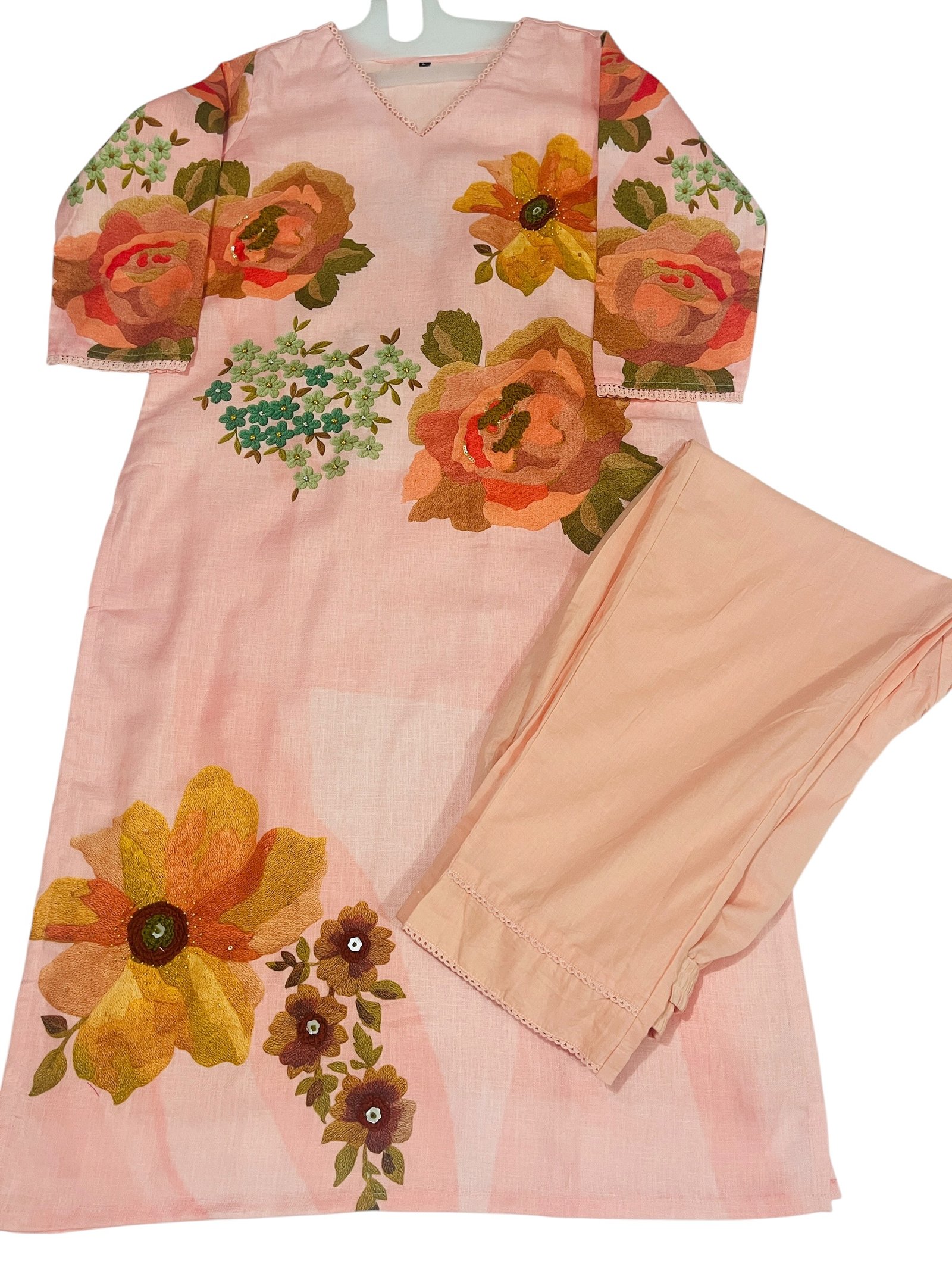 Peach Embroidered Kurti, Pant & Dupatta - Image 4