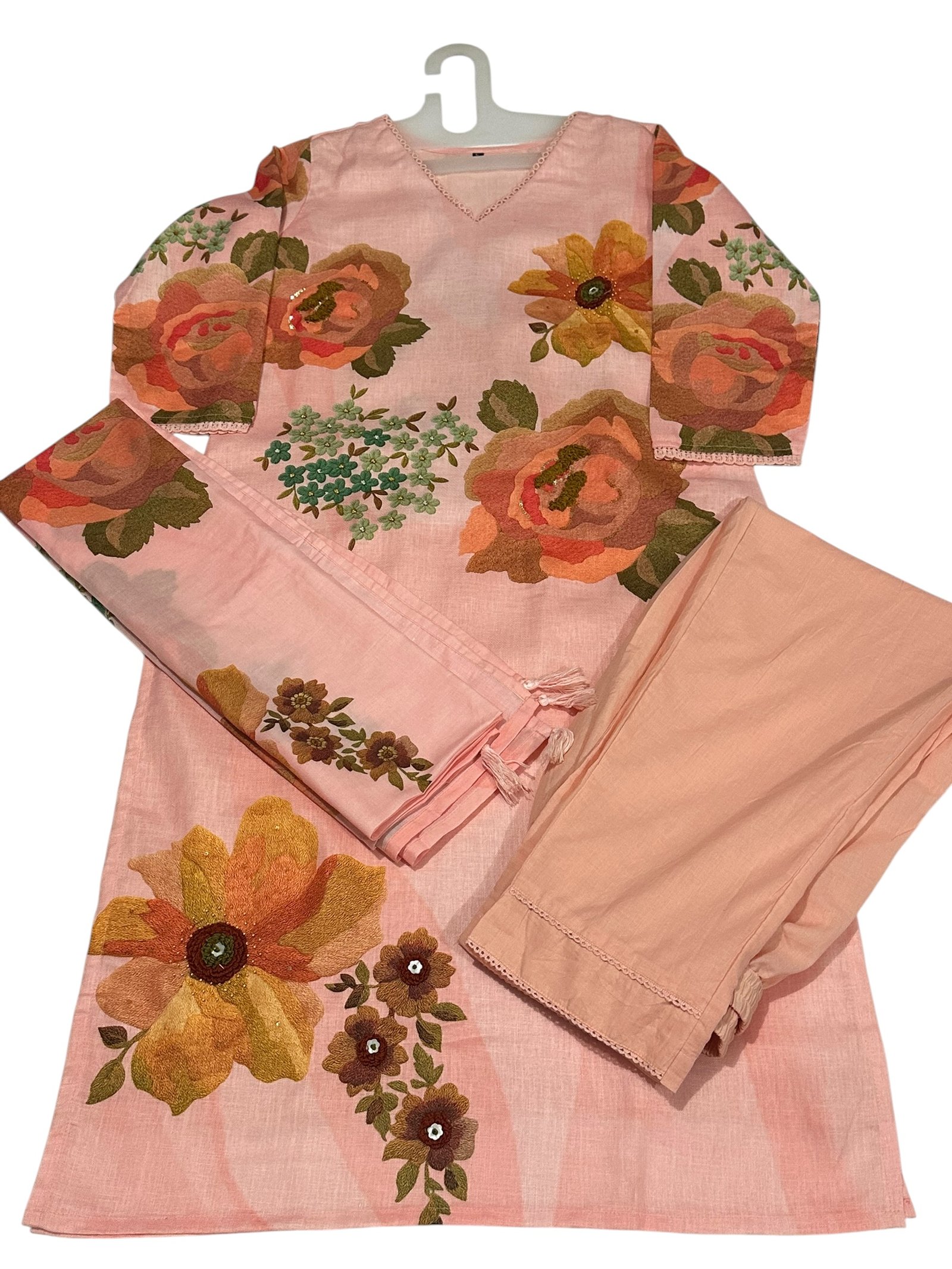 Peach Embroidered Kurti, Pant & Dupatta - Image 6