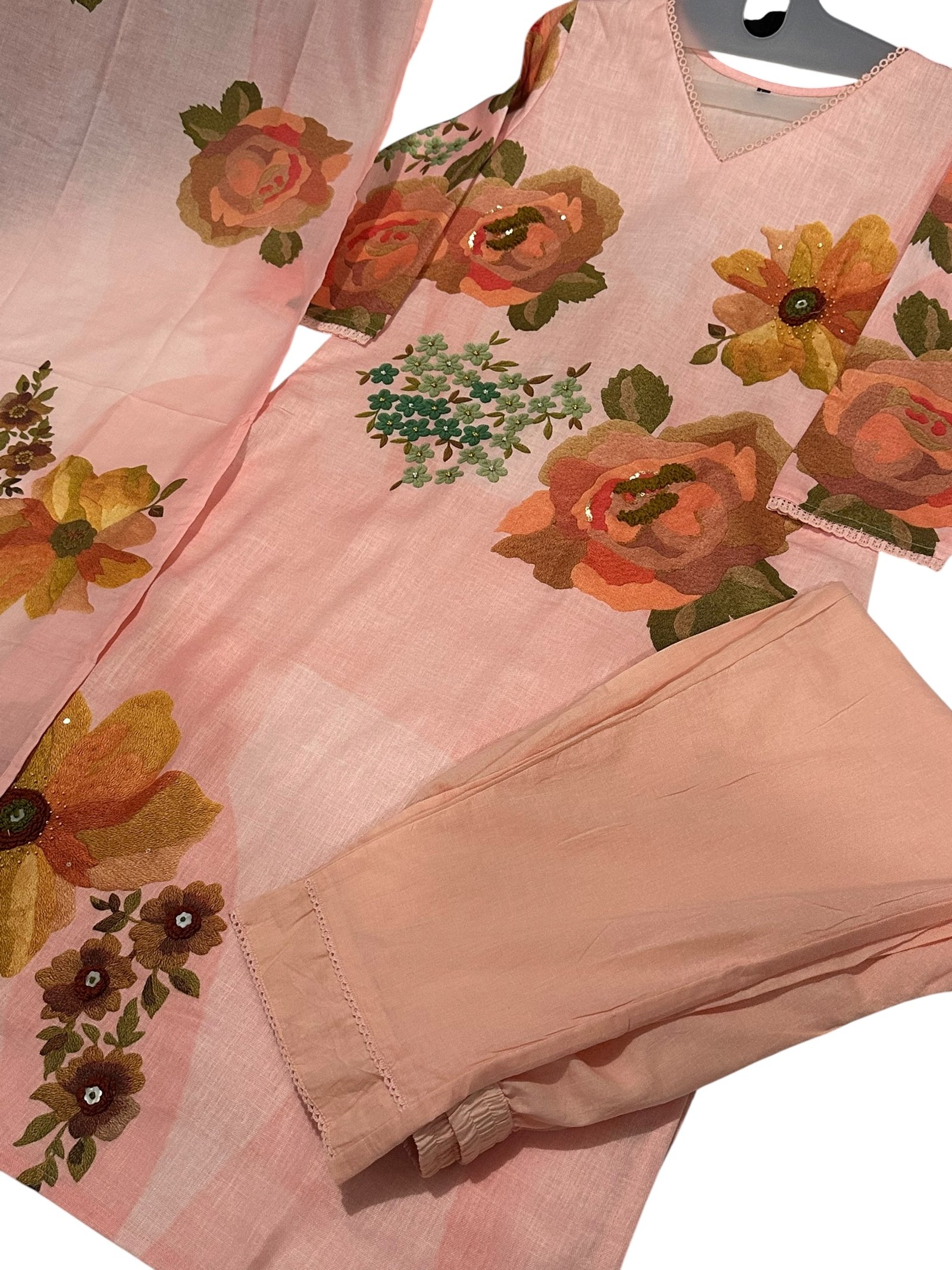 Peach Embroidered Kurti, Pant & Dupatta - Image 3