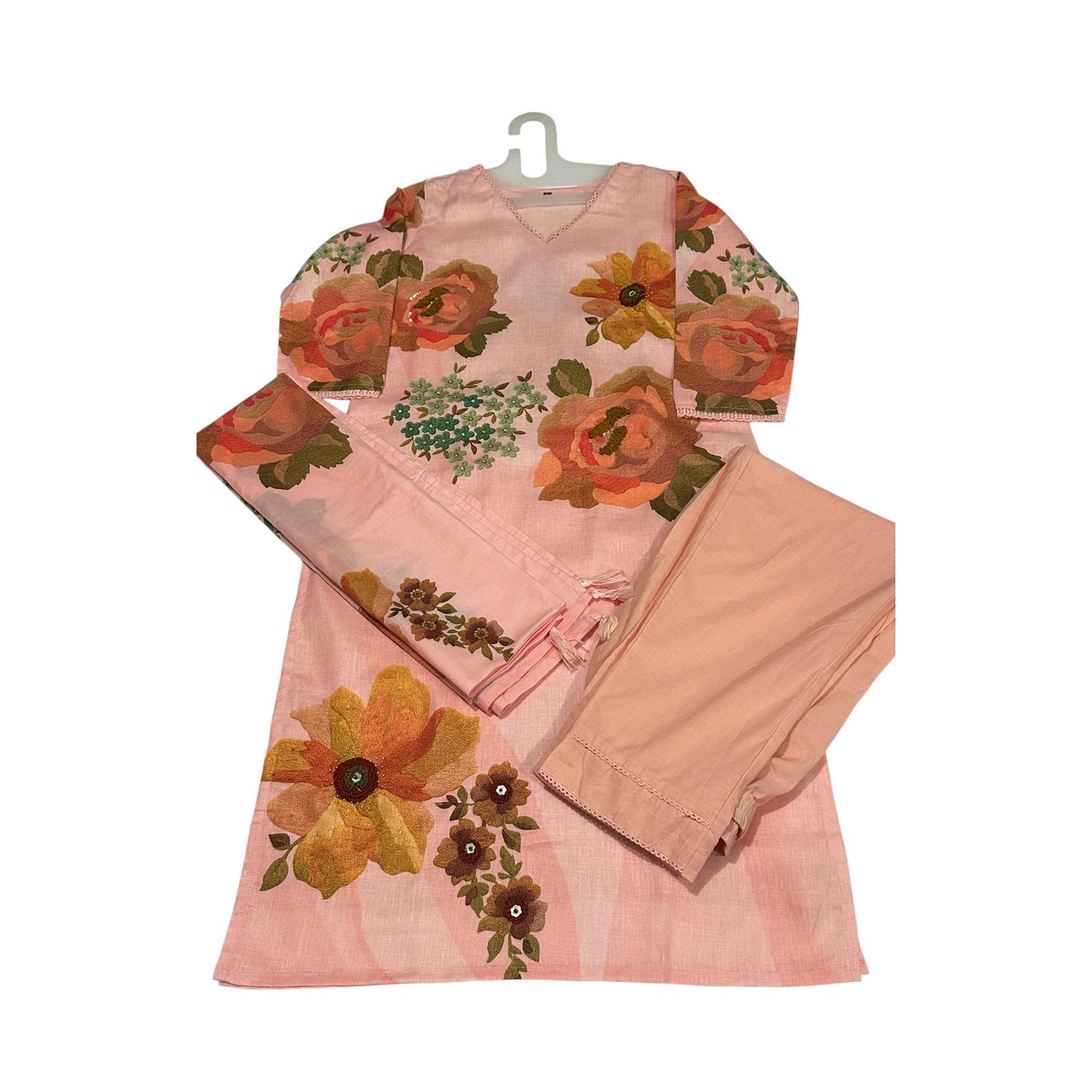 Peach Embroidered Kurti, Pant & Dupatta - Image 2
