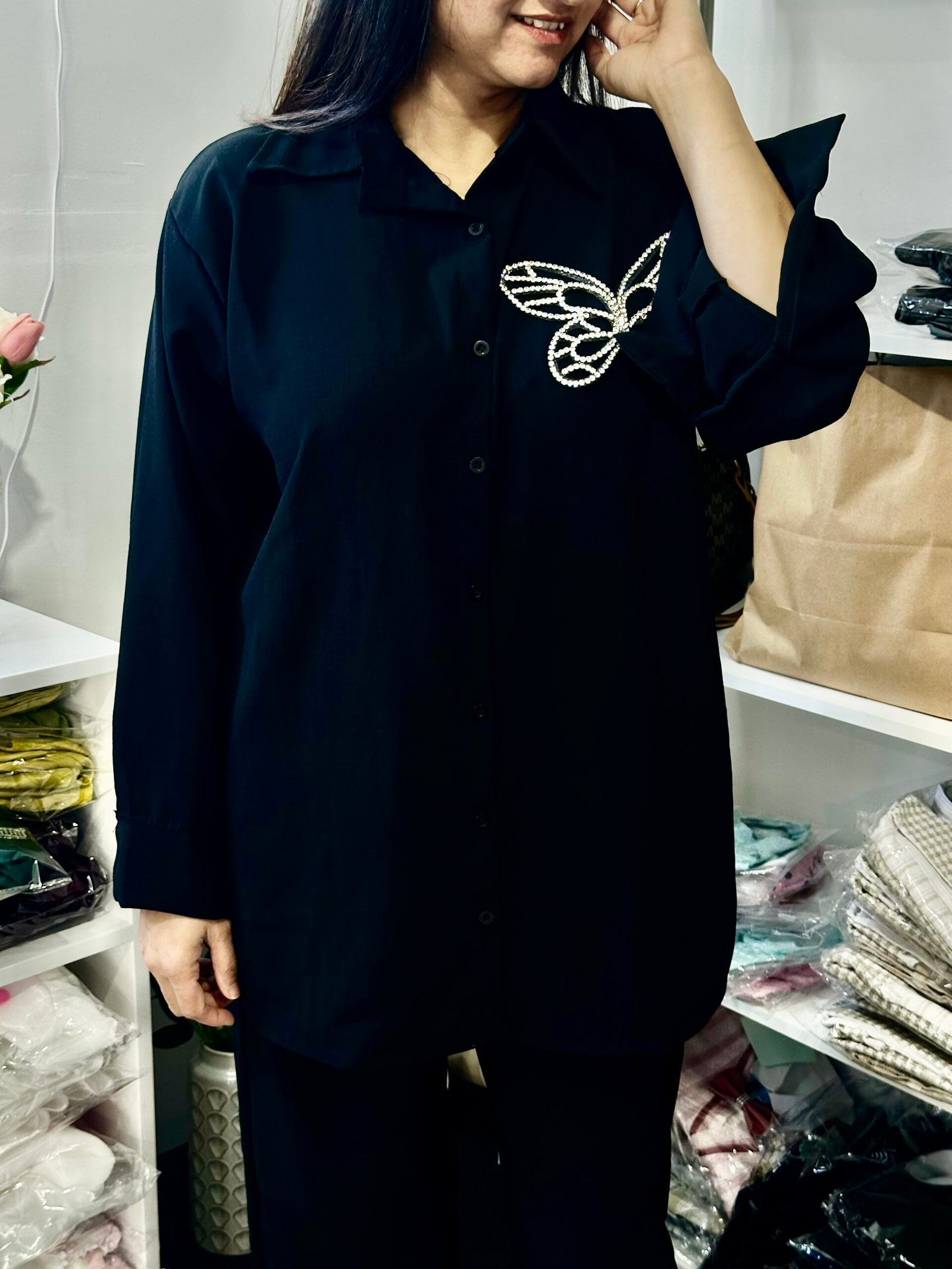 Women's Black Butterfly Embellished Co-Ord Set - Image 2